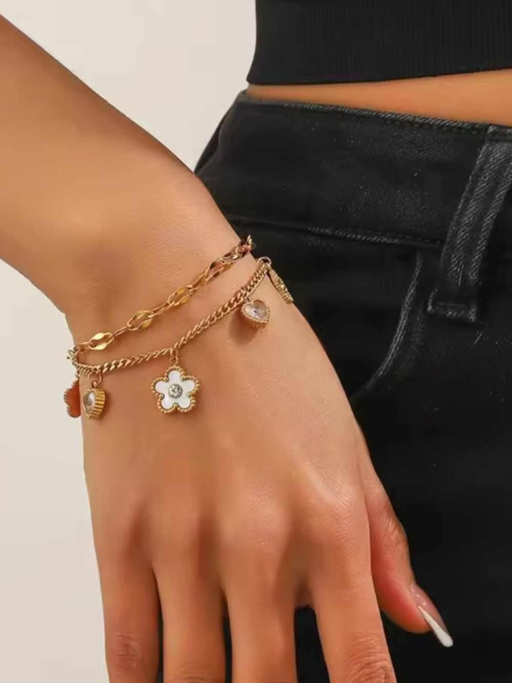 Stainless Steel Gold Layered Daisy Charm Bracelet